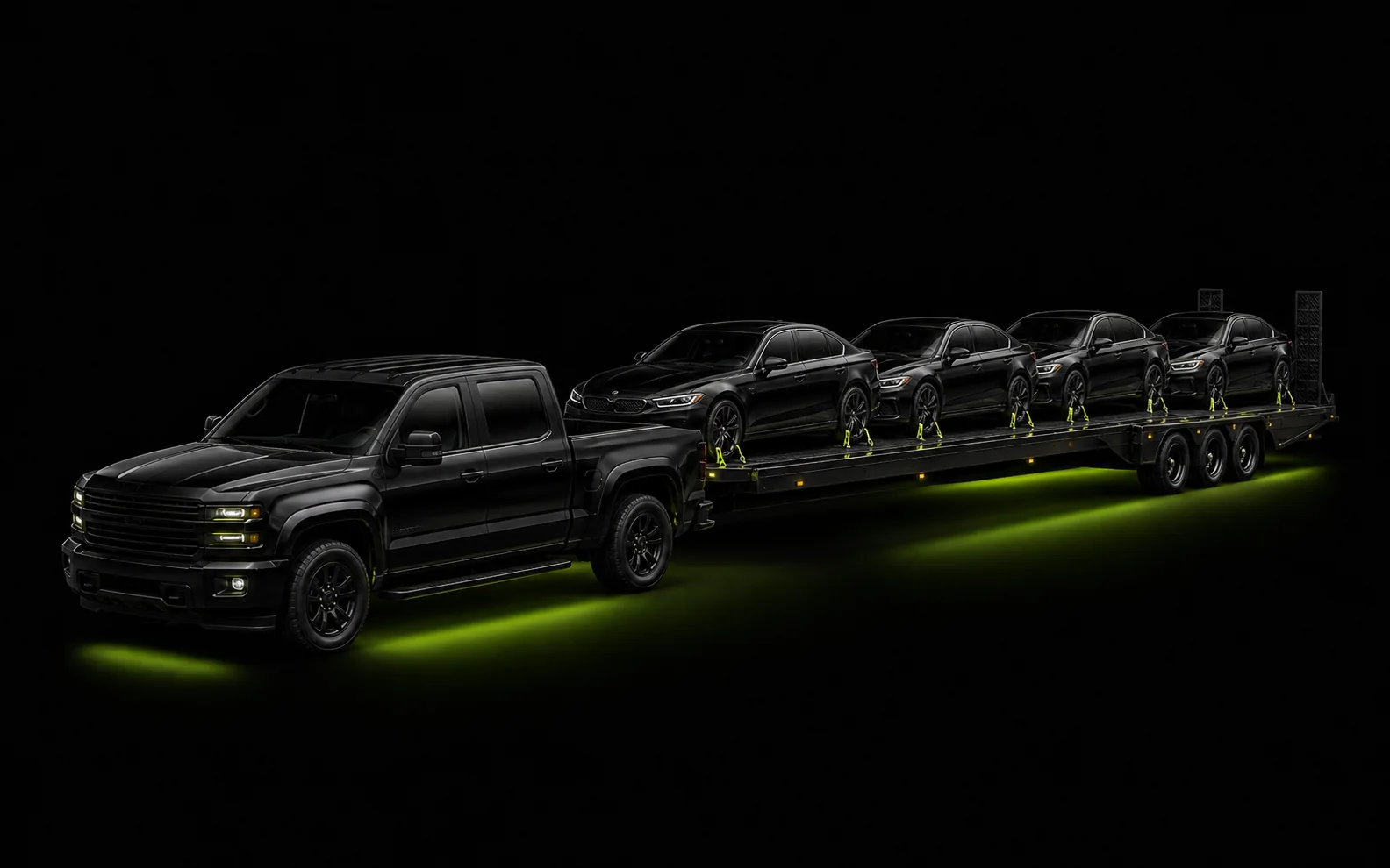 Black car-hauler truck carrying multiple vehicles
