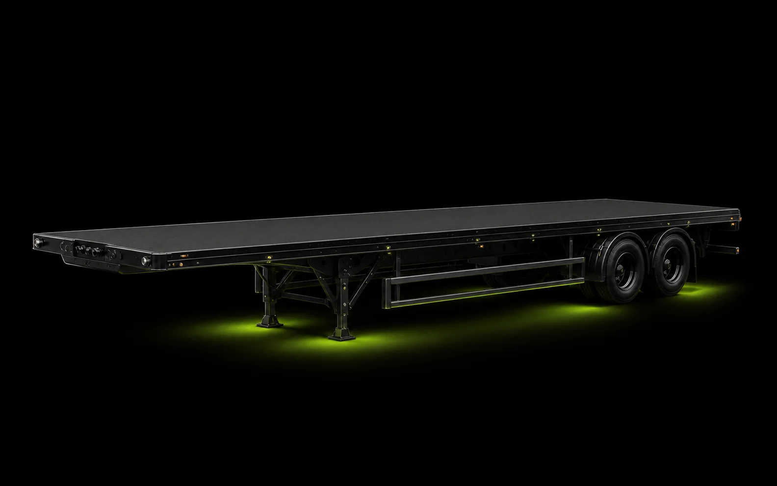 Black flatbed tractor-trailer