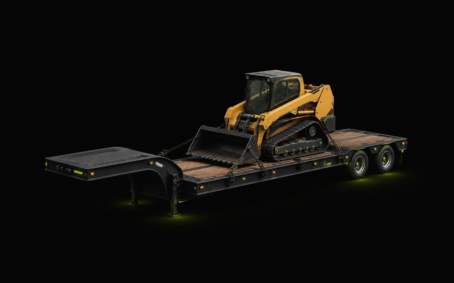 Step-deck trailer carrying construction equipment